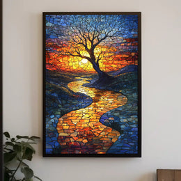 Vibrant Mosaic Sunset Landscape Artistic Poster