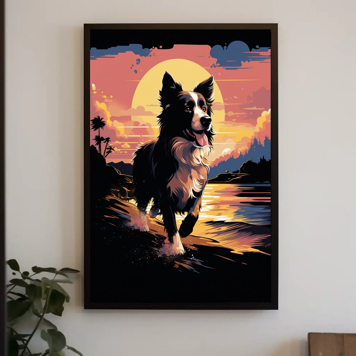 Running Dog at Sunset Shoreline Animal Poster