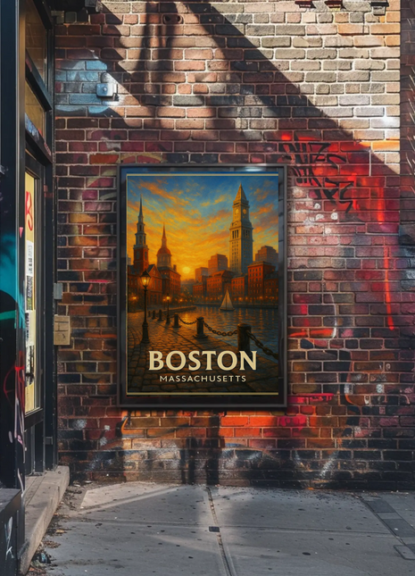 Boston Massachusetts Cobblestone Harbor Sunset Travel Poster
