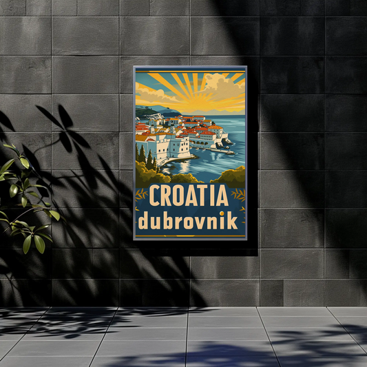 Croatia Dubrovnik Sunset Coastline Vintage Travel Poster