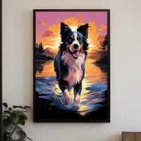 Cheerful Dog at Sunset Landscape Artistic Animal Poster