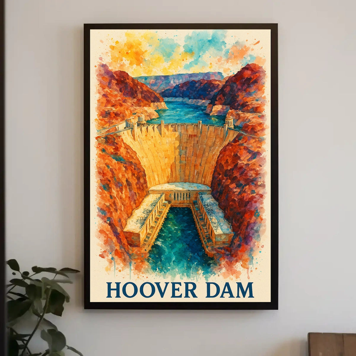 Hoover Dam Watercolor Art: Vibrant Vintage Charm Poster