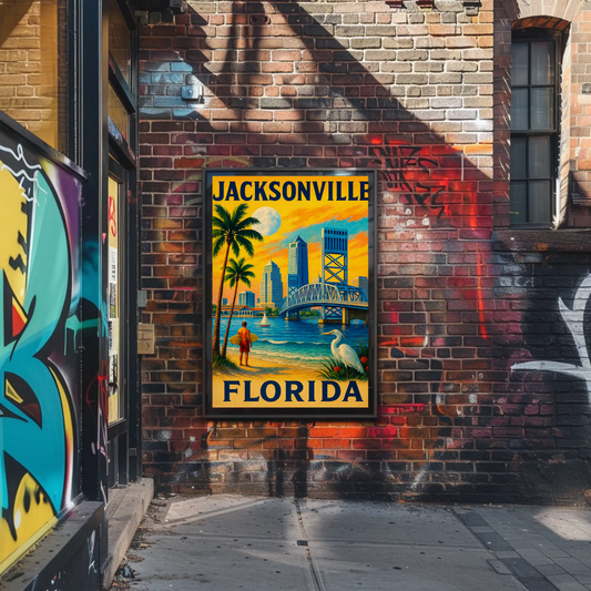 Jacksonville Florida Surfer Bridge Skyline Sunset Travel Poster
