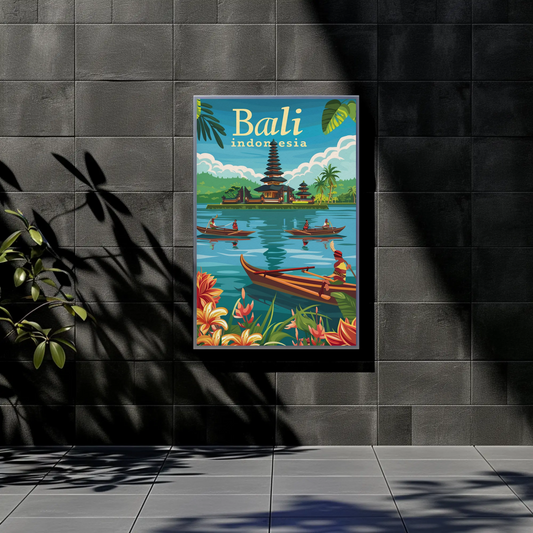 Bali Indonesia Vintage Travel Poster - Temple & Canoes