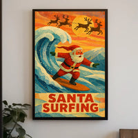 Santa Surfing Vintage Holiday Beach Art Poster