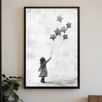 Child Releasing Star Balloons Minimalist Art Sketch Poster