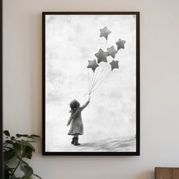 Child Releasing Star Balloons Minimalist Art Sketch Poster