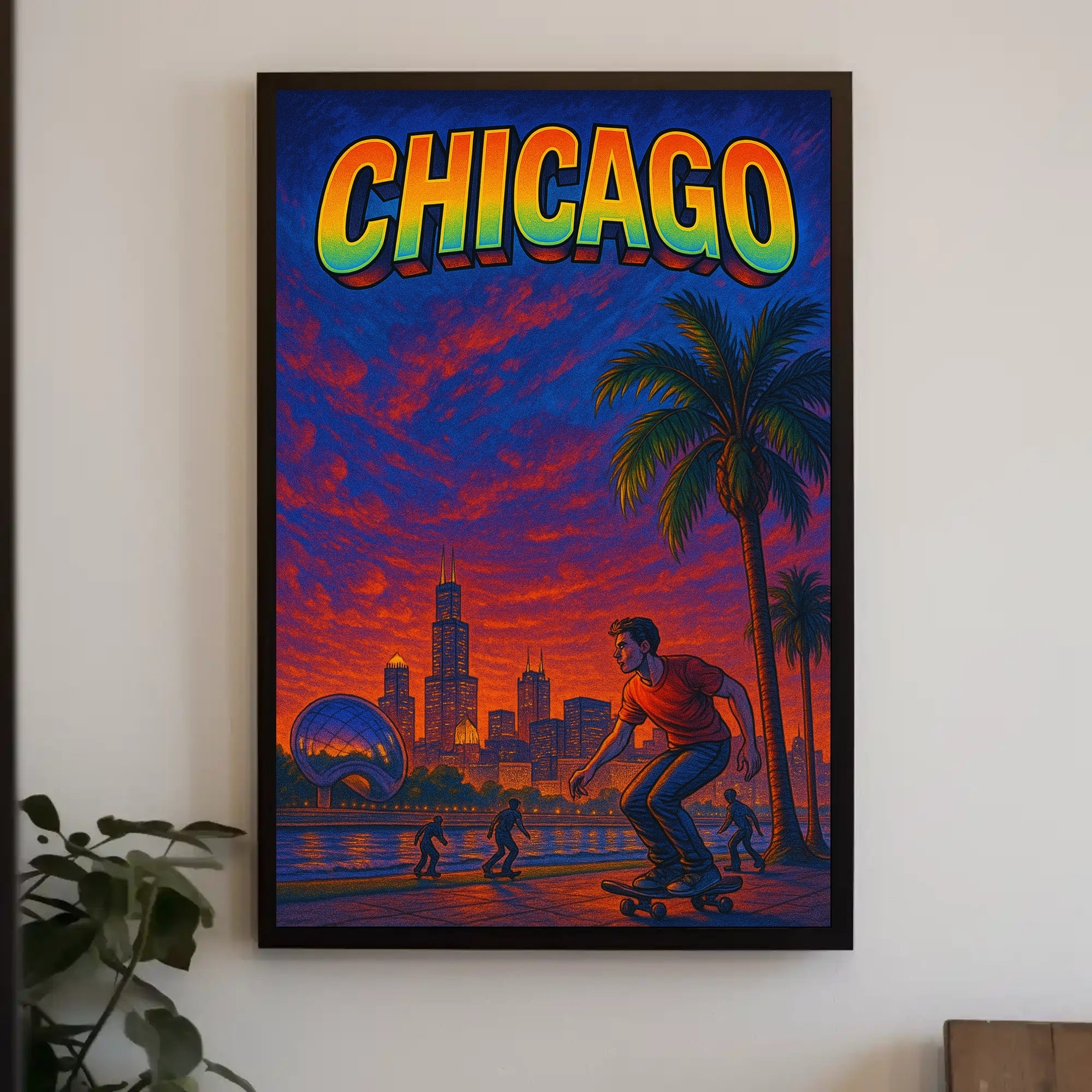 Skateboarding at Sunset in Vibrant Urban Cityscape Poster PosterGoat