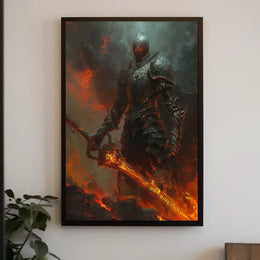Armored Knight in Fiery Realm Fantasy or Mythology Poster PosterGoat