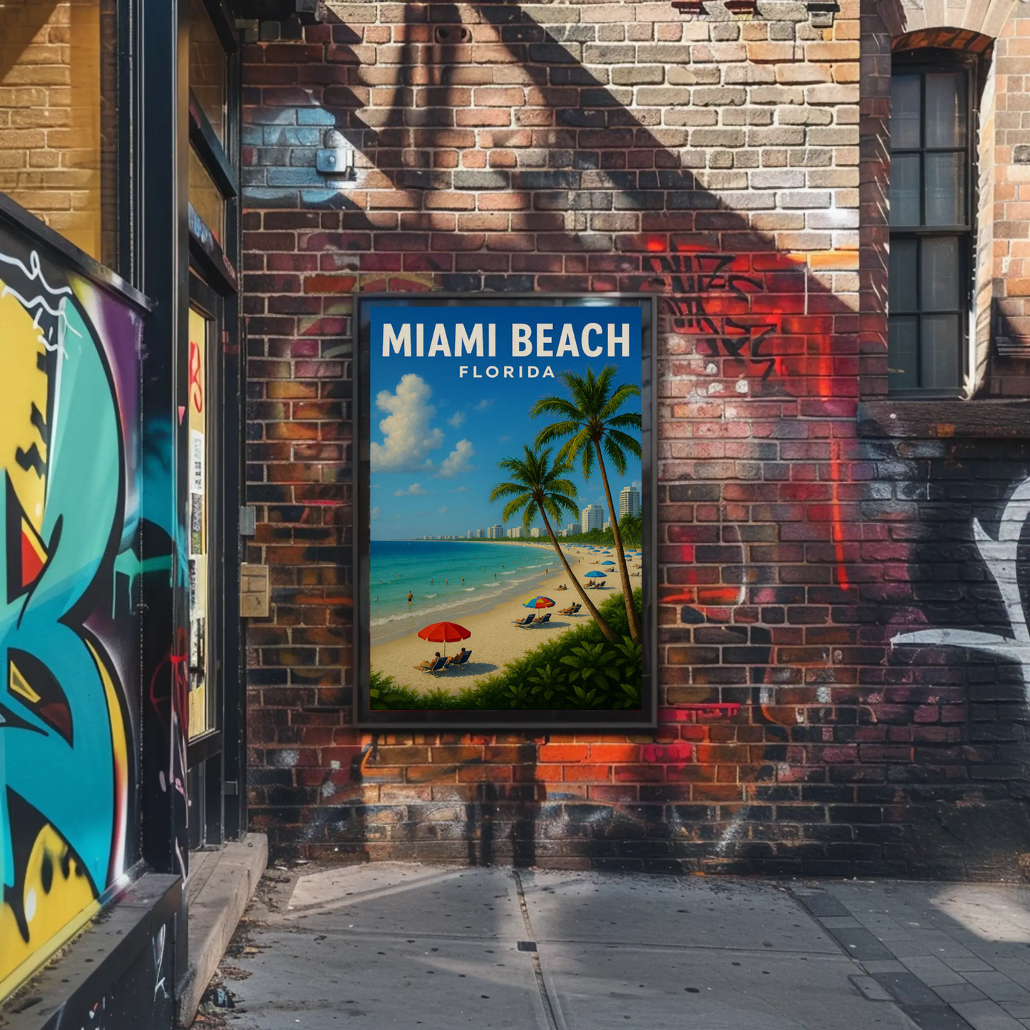 Miami Beach Florida Coastline Umbrellas Hotel Skyline Poster