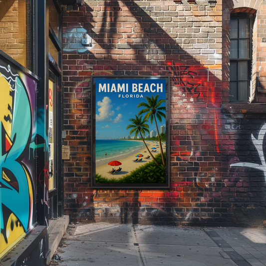 Miami Beach Florida Coastline Umbrellas Hotel Skyline Poster