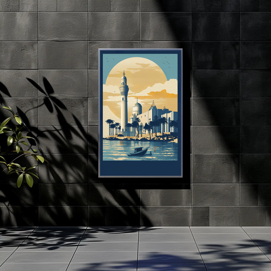 Mosque And Minaret Coastal Scene Vintage Travel Poster