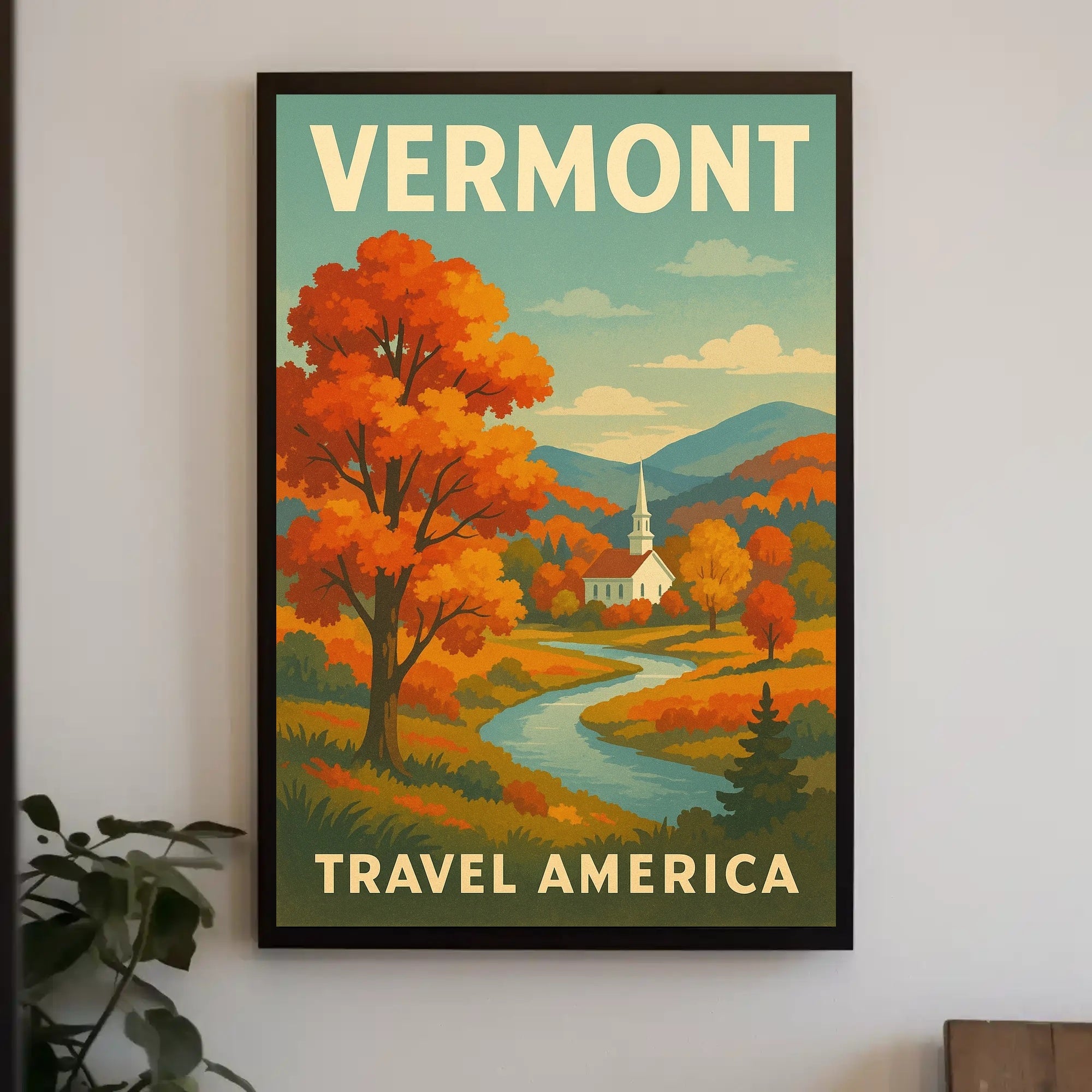 Vermont Autumn Church Scenic Vintage Travel Advertisement Poster