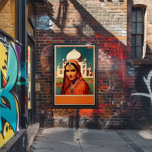 India Taj Woman Jewelry Red Sari Historic Love Travel Poster