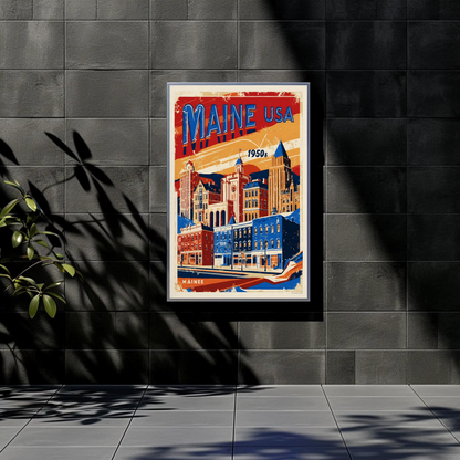 Maine USA 1950s Seaside Townscape Vintage Maroon Travel Poster