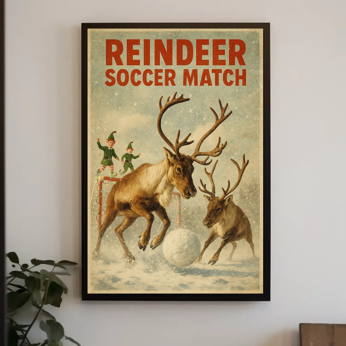 Reindeer Soccer Match Vintage Christmas Poster