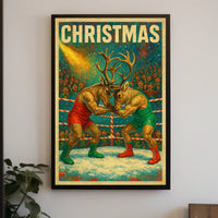 Whimsical Reindeer Wrestling Christmas Fantasy or Mythology Poster