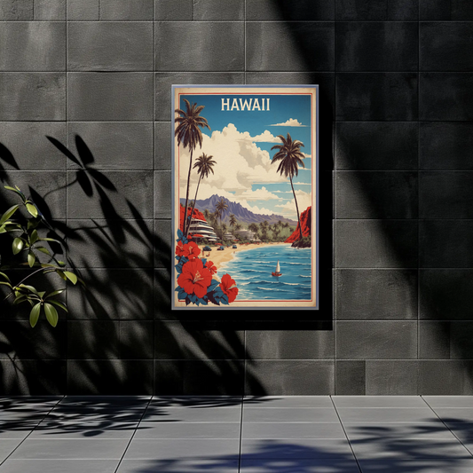 Hawaii Beach Resort Hibiscus Vintage Travel Poster
