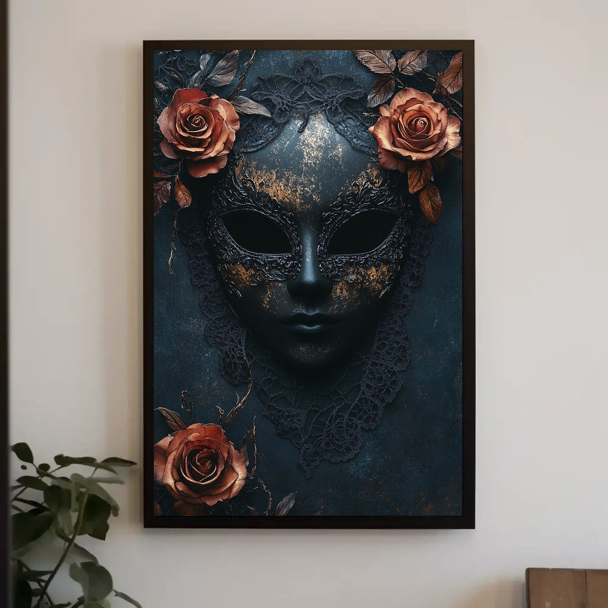 The poster features a stylized ornate mask in a dark and moody setting. Travel Poster
