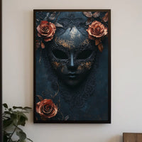 The poster features a stylized ornate mask in a dark and moody setting. Travel Poster