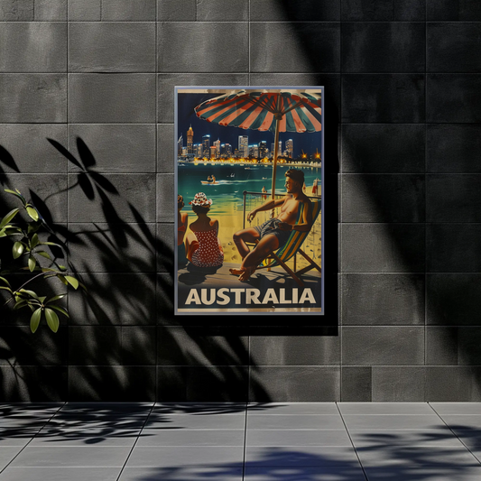 Australia Beach City Night Relaxing Scene Vintage Travel Poster
