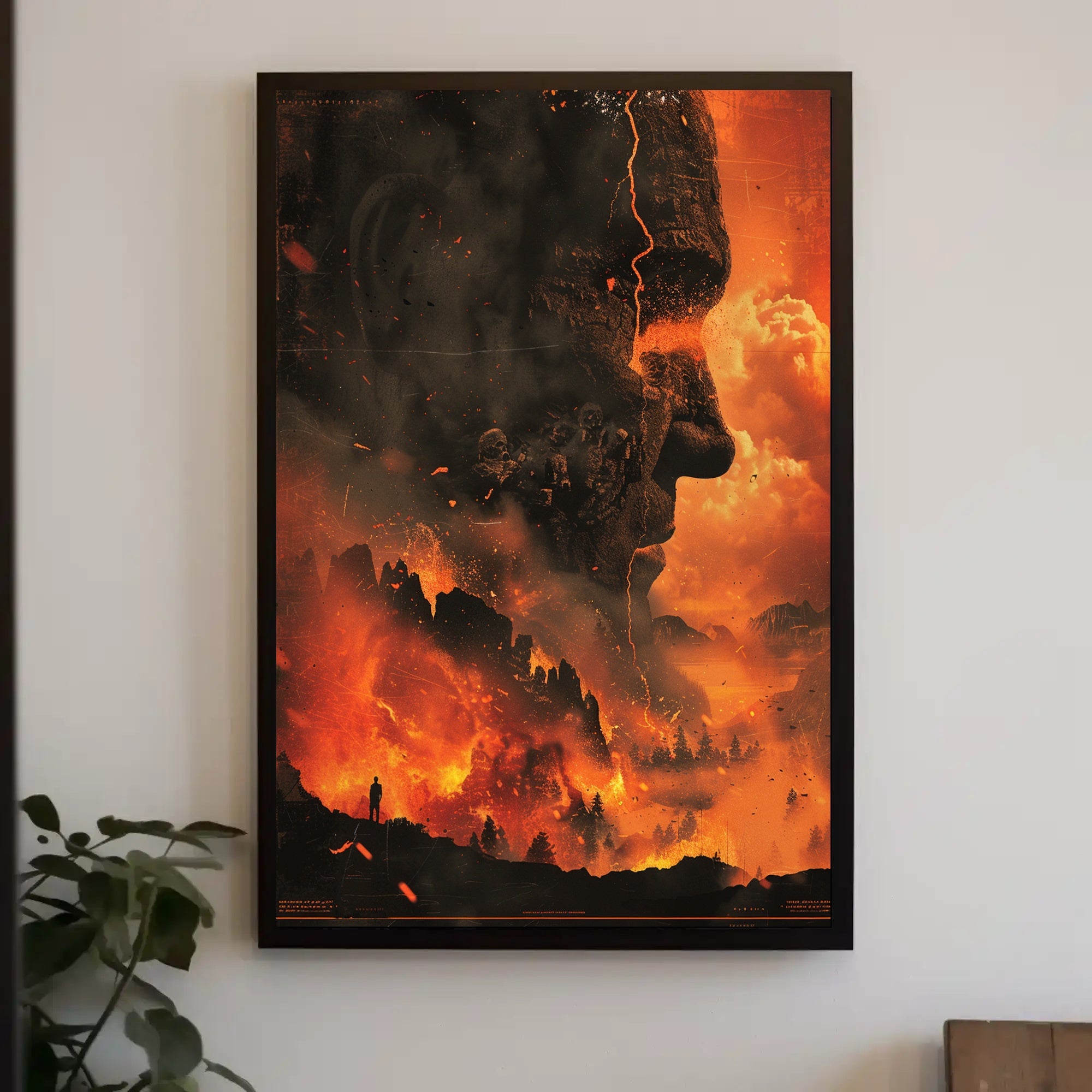Stone Face in Fiery Fantasy or Mythology Poster PosterGoat