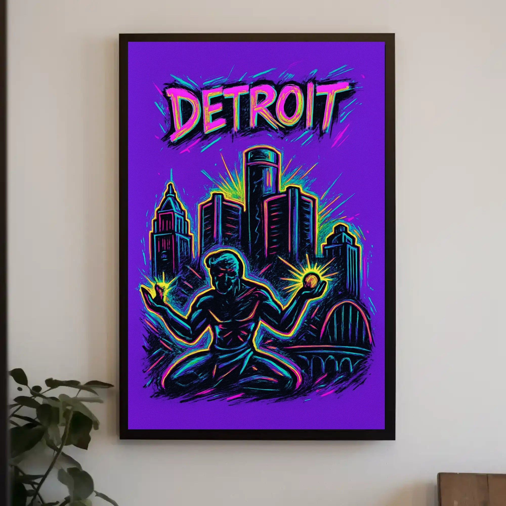 Dynamic Neon Detroit Art: Urban or Cityscape Poster