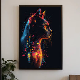 Neon Cat in Futuristic Cityscape Poster