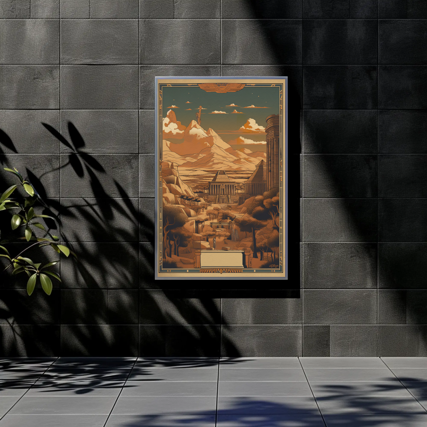Egyptian Temple Statues Desert Mountains Vintage Travel Poster