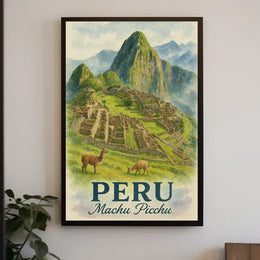 Machu Picchu Vintage Travel Poster with Llamas