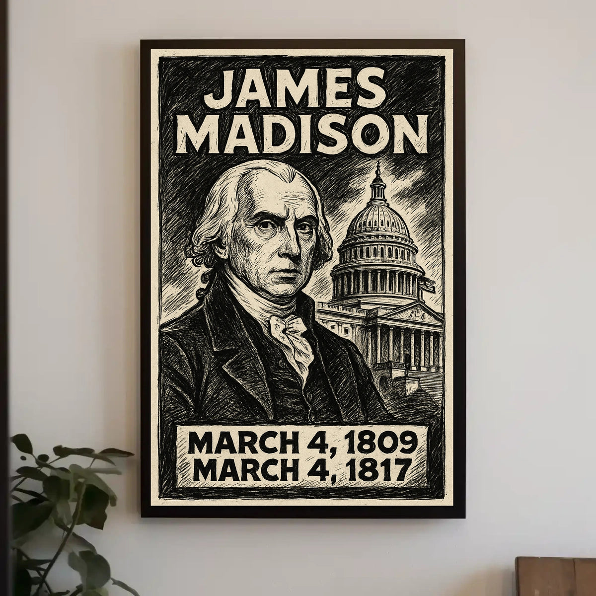 James Madison 4th President of the United States B & W Comic Sketch Poster