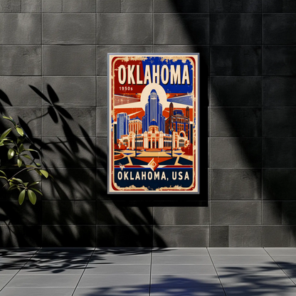 Oklahoma USA 1950s Art Deco Capitol Vintage Travel Poster