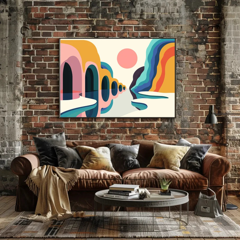 Vibrant Abstract Landscape Poster with Surreal Caves