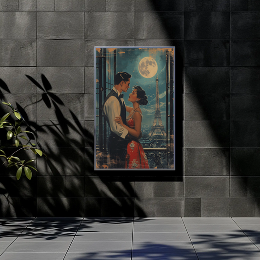 Romantic Couple Eiffel Tower Paris Moonlight Vintage Travel Poster