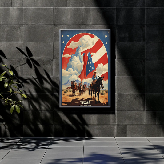 Texas Cowboys Horses Flag Desert Vintage Travel Poster