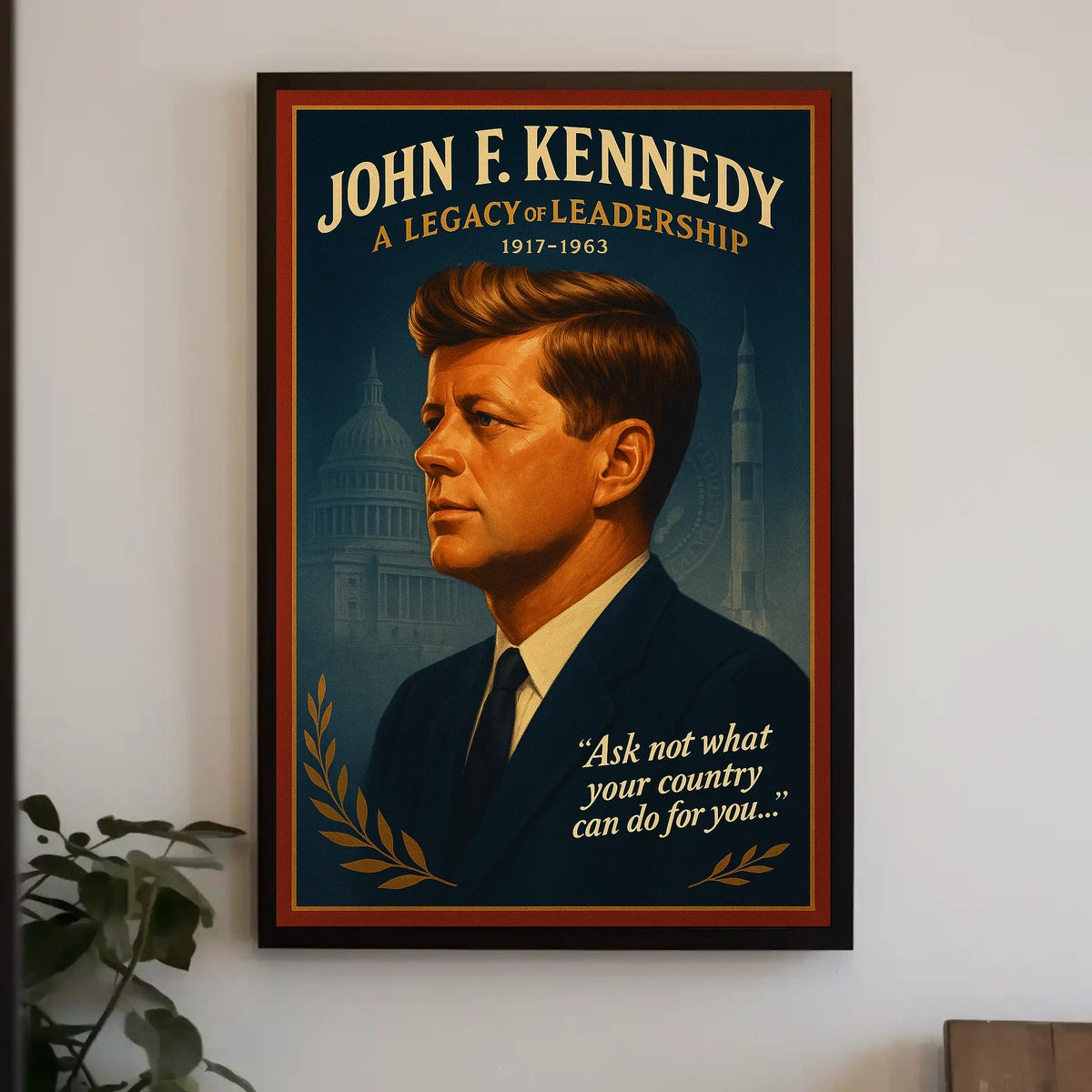 The poster is a vintage-inspired tribute to John F. Kennedy, emphasizing his leadership Travel Poster