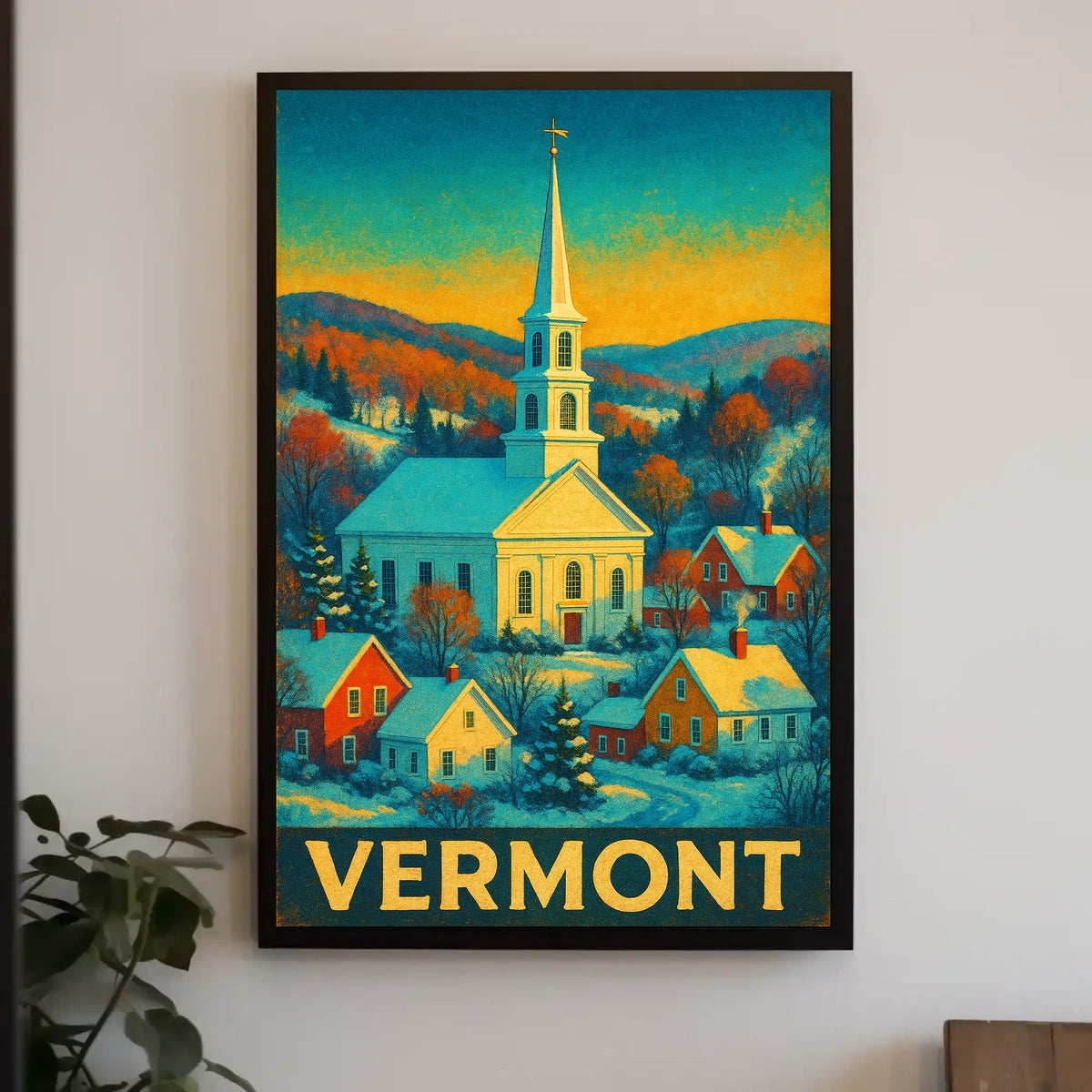 Winter Village in Vermont: Vintage Travel Poster