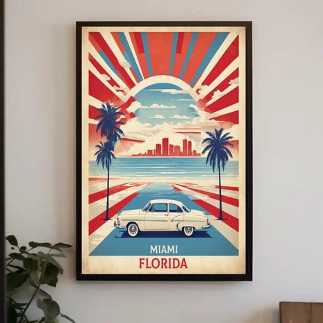 Vintage Car Miami Cityscape with Energetic Travel Poster