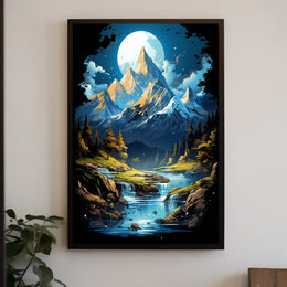 Enchanted Moonlit Mountain Landscape Fantasy Art Poster
