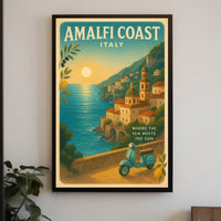 Amalfi Coast Vintage Travel Poster, Sunset Scene
