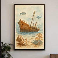 Sunken Ship Underwater Scene Artistic Poster