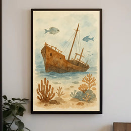 Sunken Ship Underwater Scene Artistic Poster