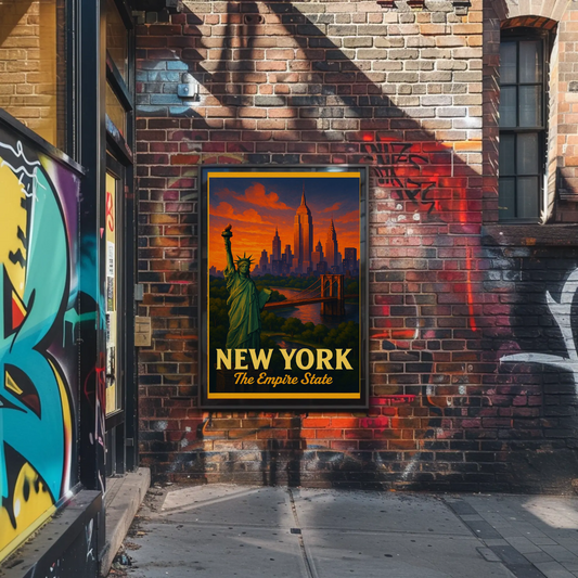 New York Empire State Liberty Brooklyn Bridge Sunset Travel Poster