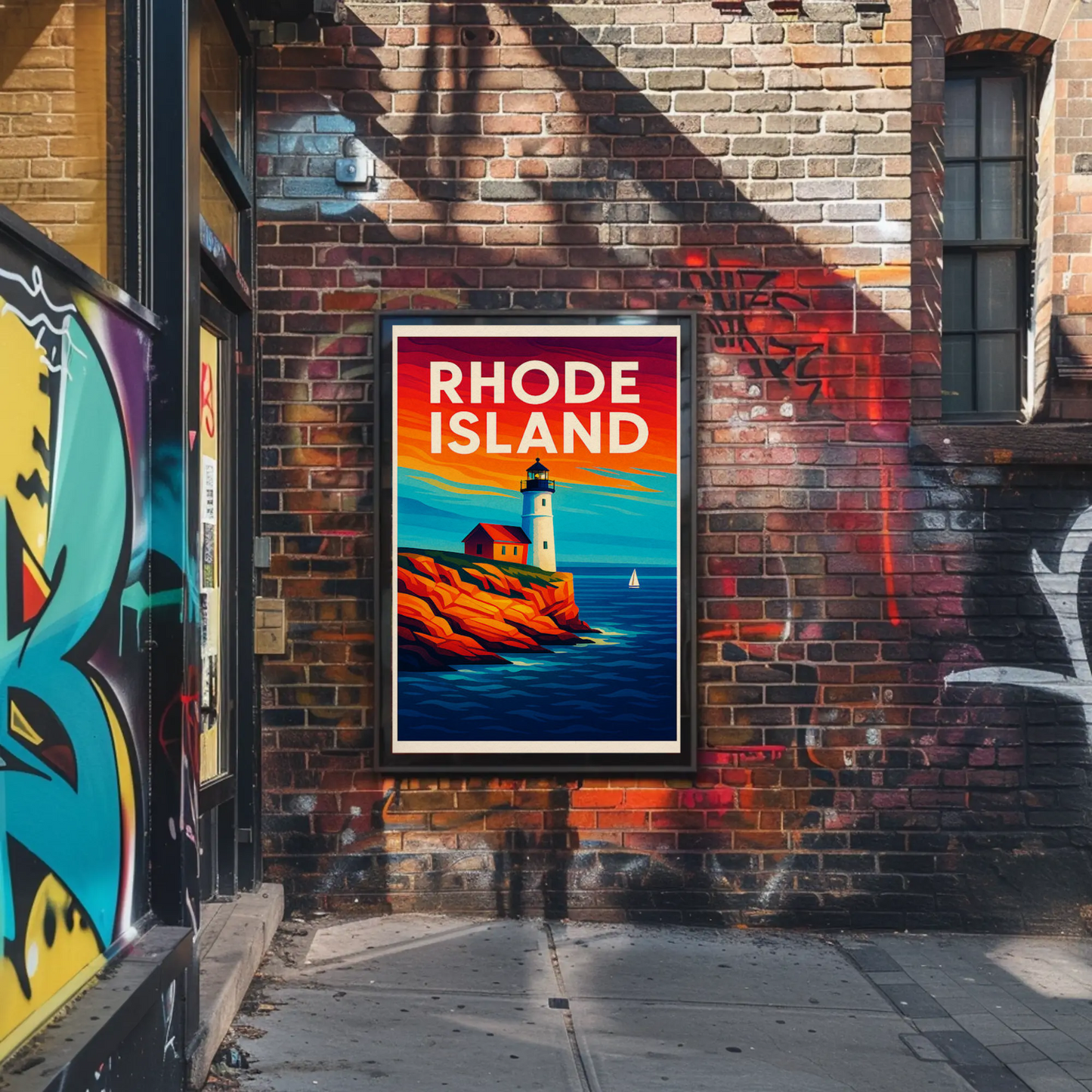 Rhode Island Coast Lighthouse Ocean Sunset Travel Poster