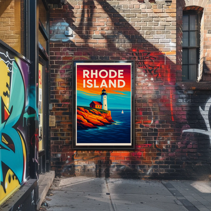 Rhode Island Coast Lighthouse Ocean Sunset Travel Poster