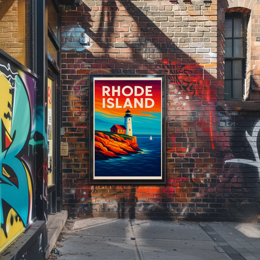 Rhode Island Coast Lighthouse Ocean Sunset Travel Poster