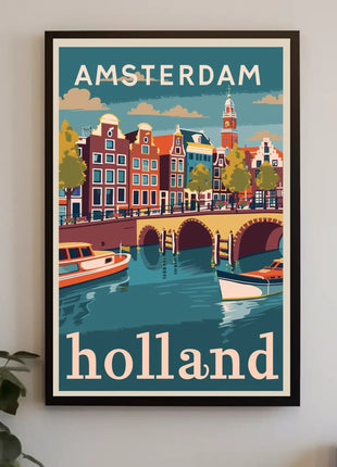 Amsterdam Canal Houses Scenic Vintage Travel Poster
