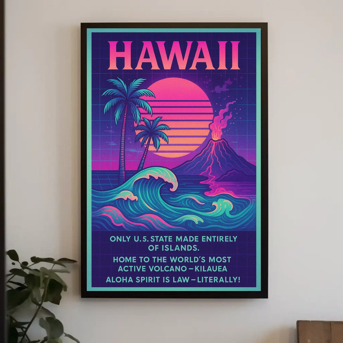 The poster centers on Hawaii, emphasizing its unique geographical and cultural attributes. The Travel Poster