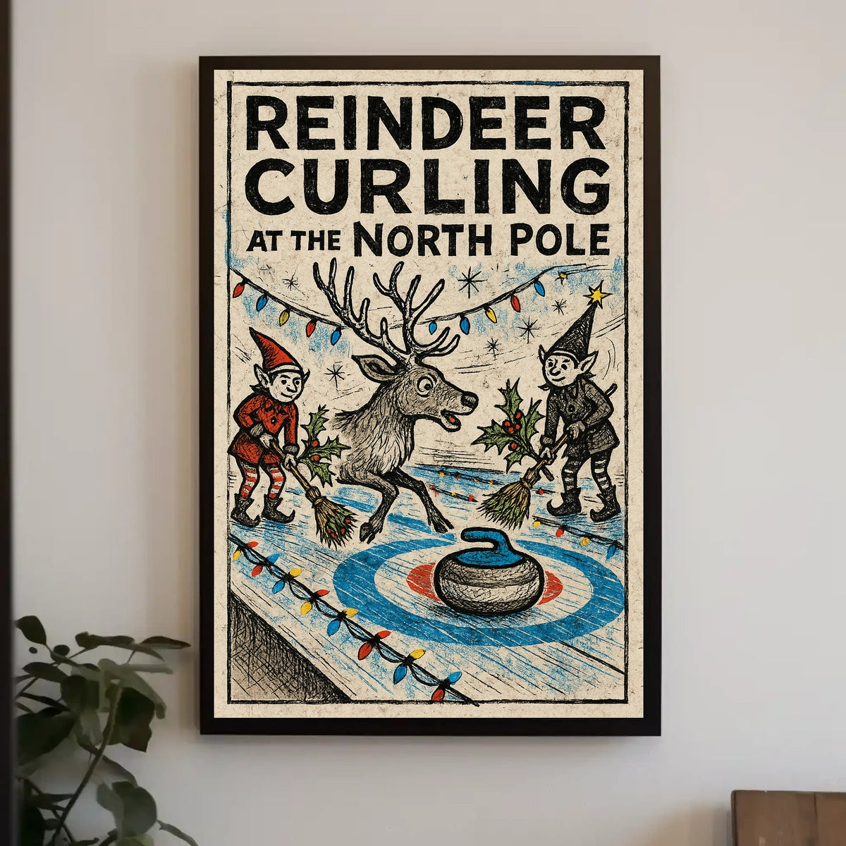 Reindeer Curling at the North Pole Poster
