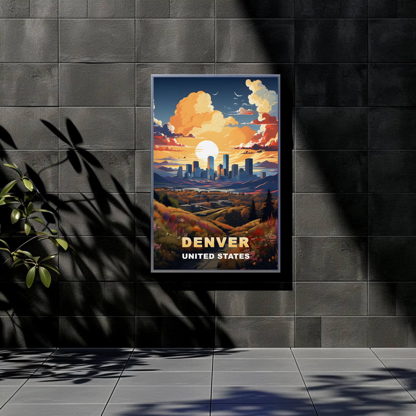 Denver Sunset Skyline Mountains Vintage Travel Poster